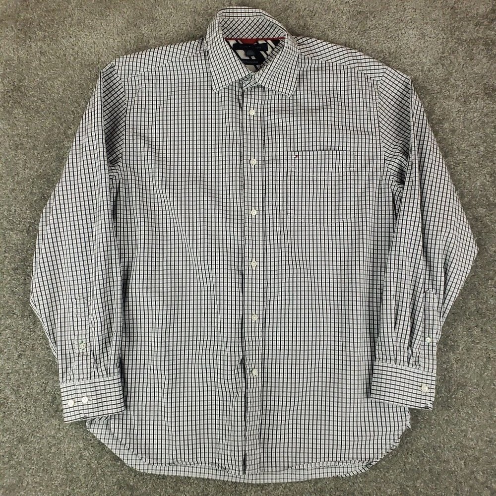 Tommy Hilfiger Shirt Large L Mens Black White Check Long Sleeve Collared Button